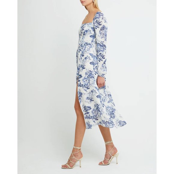 Blue Floral Toile Dress w/High Slit by manu Reformation Sigmund Olympia Midi 6 M - Picture 3 of 6